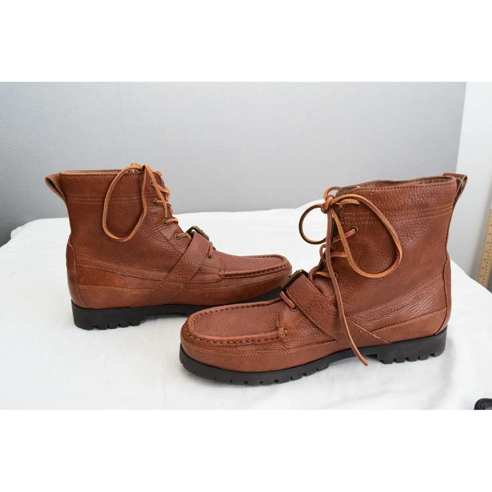 Polo Ralph Lauren Ranger Boots 12 Brown Leather Buckle Moc Toe Mens Preppy
